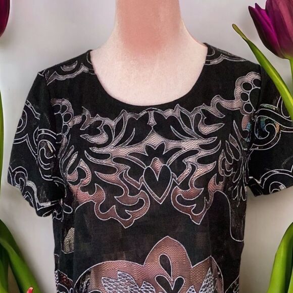 ACEMI MEDIUM BLOUSE TOP LACE SHEER BLACK EMBROIDERED DETAIL - Picture 4 of 6